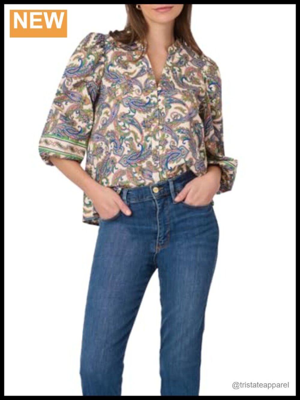 Women's Paisley Print Cotton Blend Blouse 3/4 Sleeve V-Neck